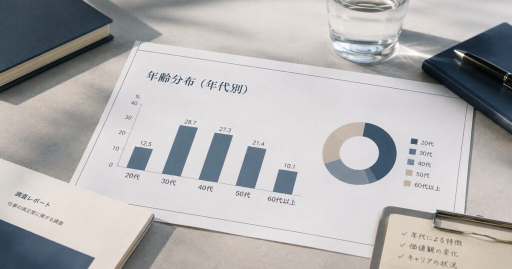机の上に年代別の分布が載った資料が置いてある